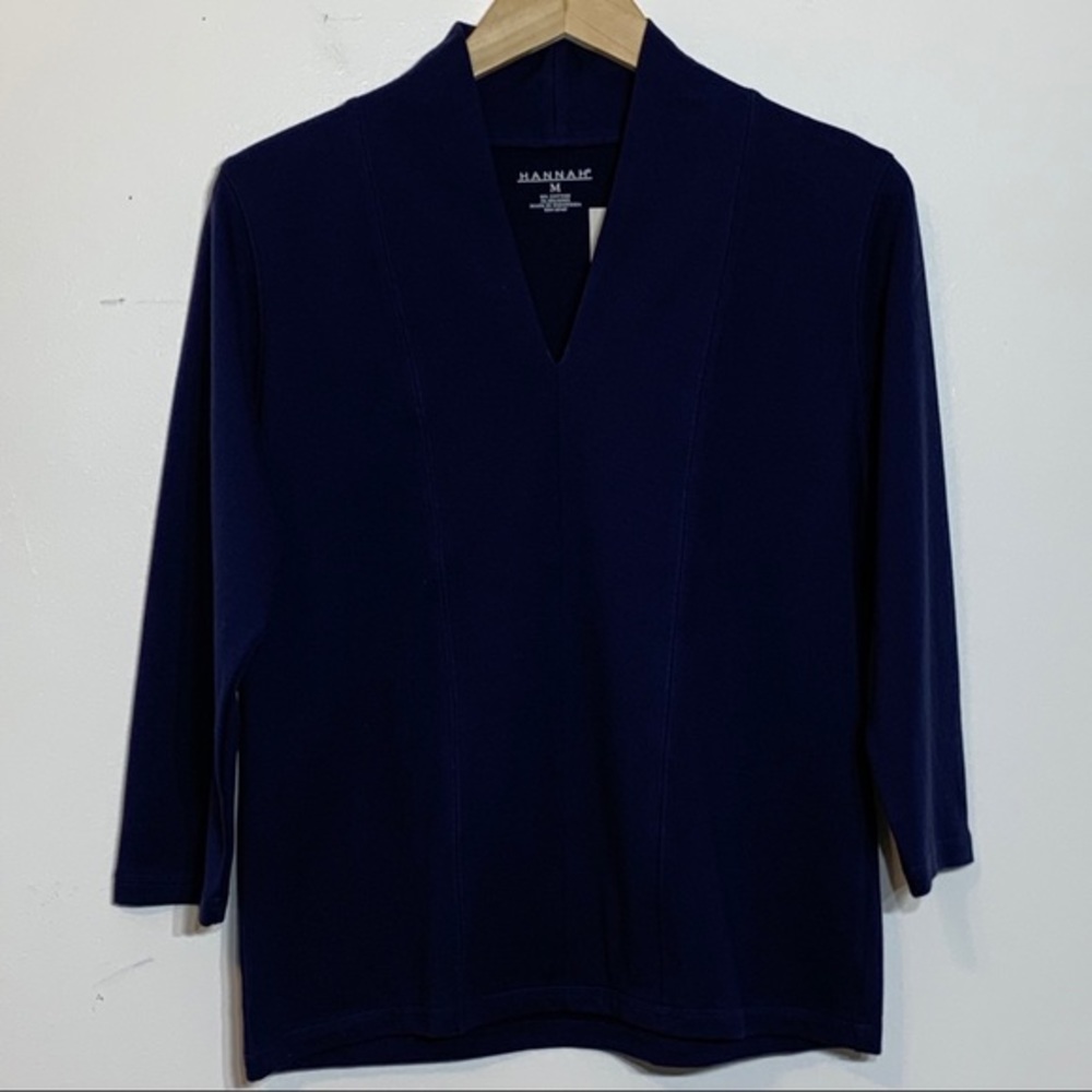 HANNAH Navy Blue V Neck 3/4 Sleeve‎ Top Women's Medium NWT